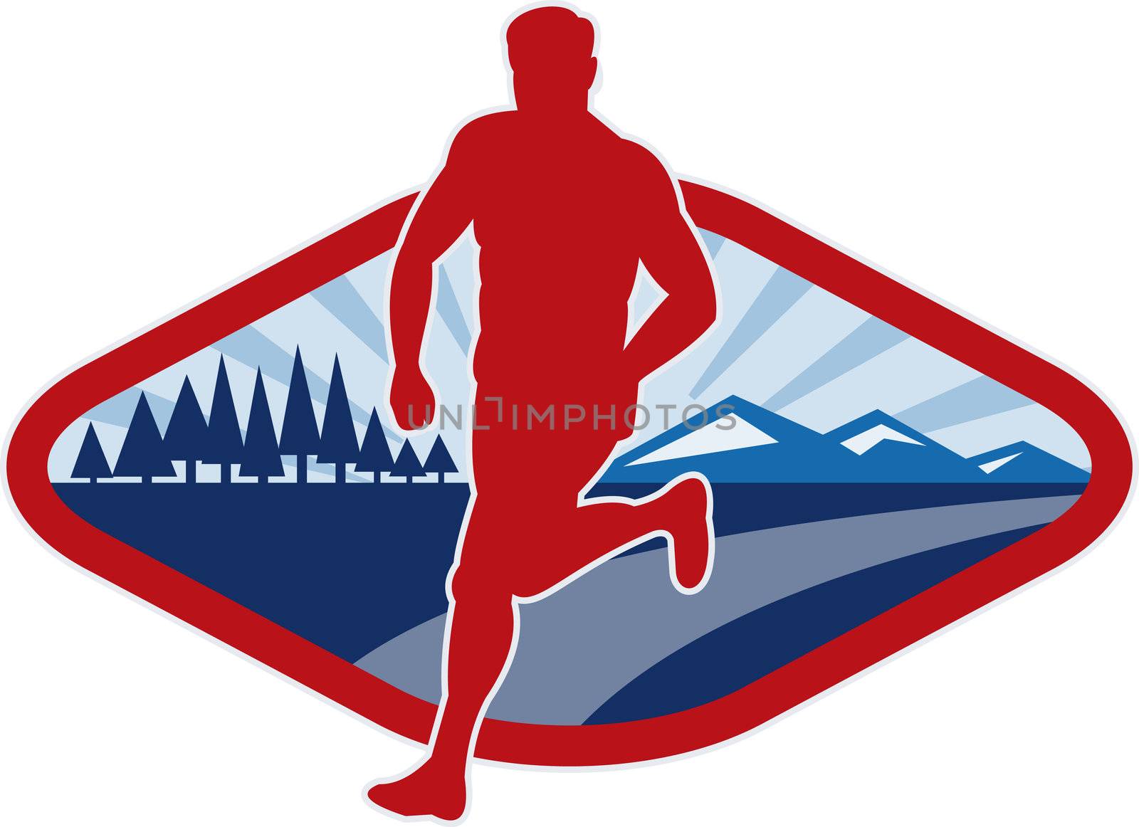 illustration of a Cross country runner with landscape and sunburst