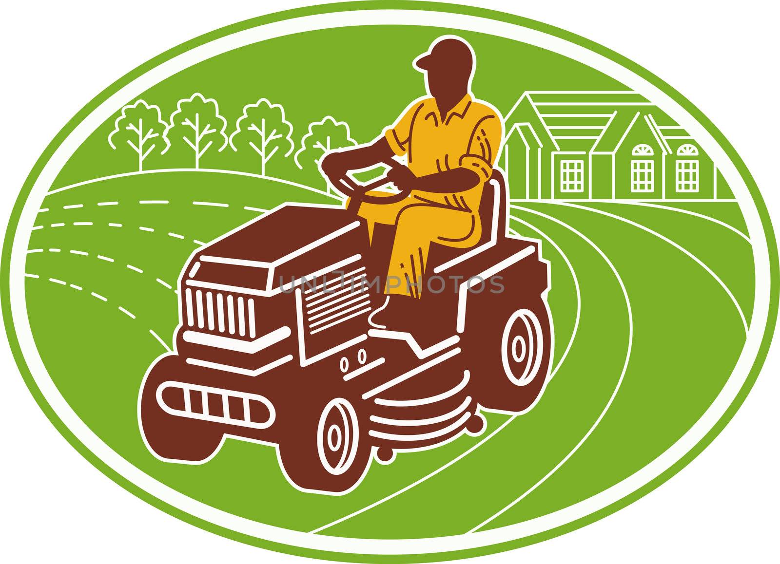 male gardener riding lawn mower by patrimonio