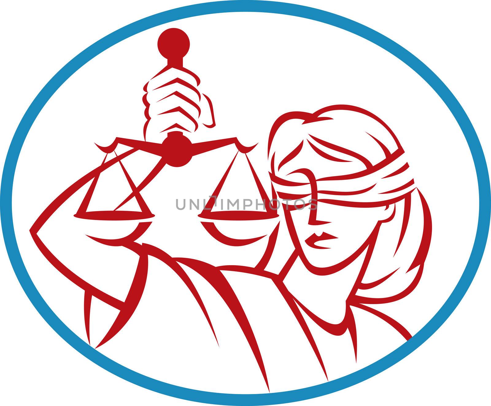 illustration of a Lady holding up scales of justice set inside an oval.