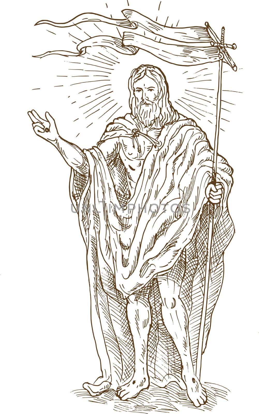 hand sketch drawing illustration of the The Risen or  Resurrected Jesus Christ standing with flag