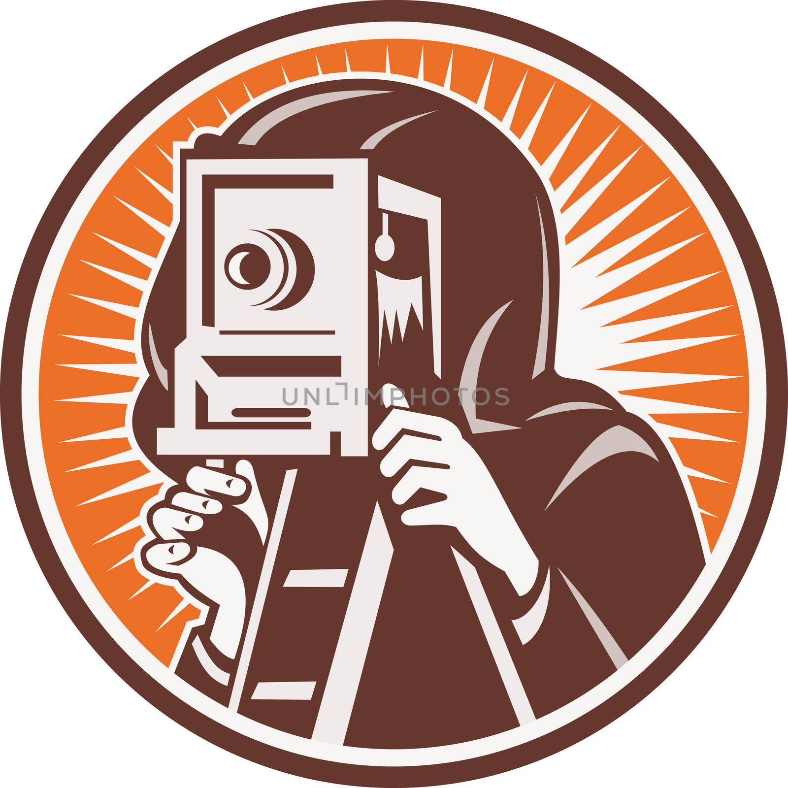 illustration of a Photographer with vintage camera set inside circle.