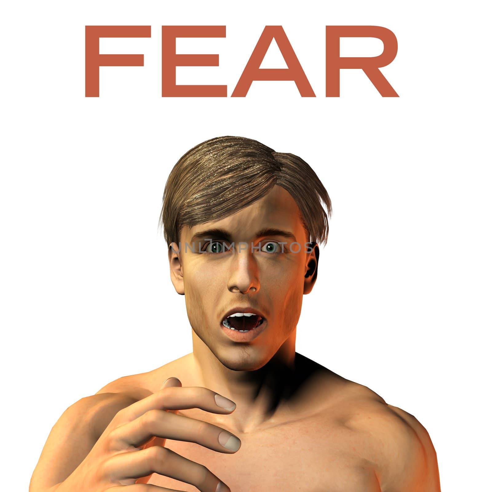young man face expression - Fear - Horror - 3d render image