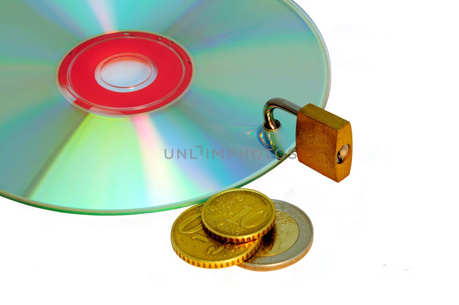 Disc under lock and key and money isolated on a white background.