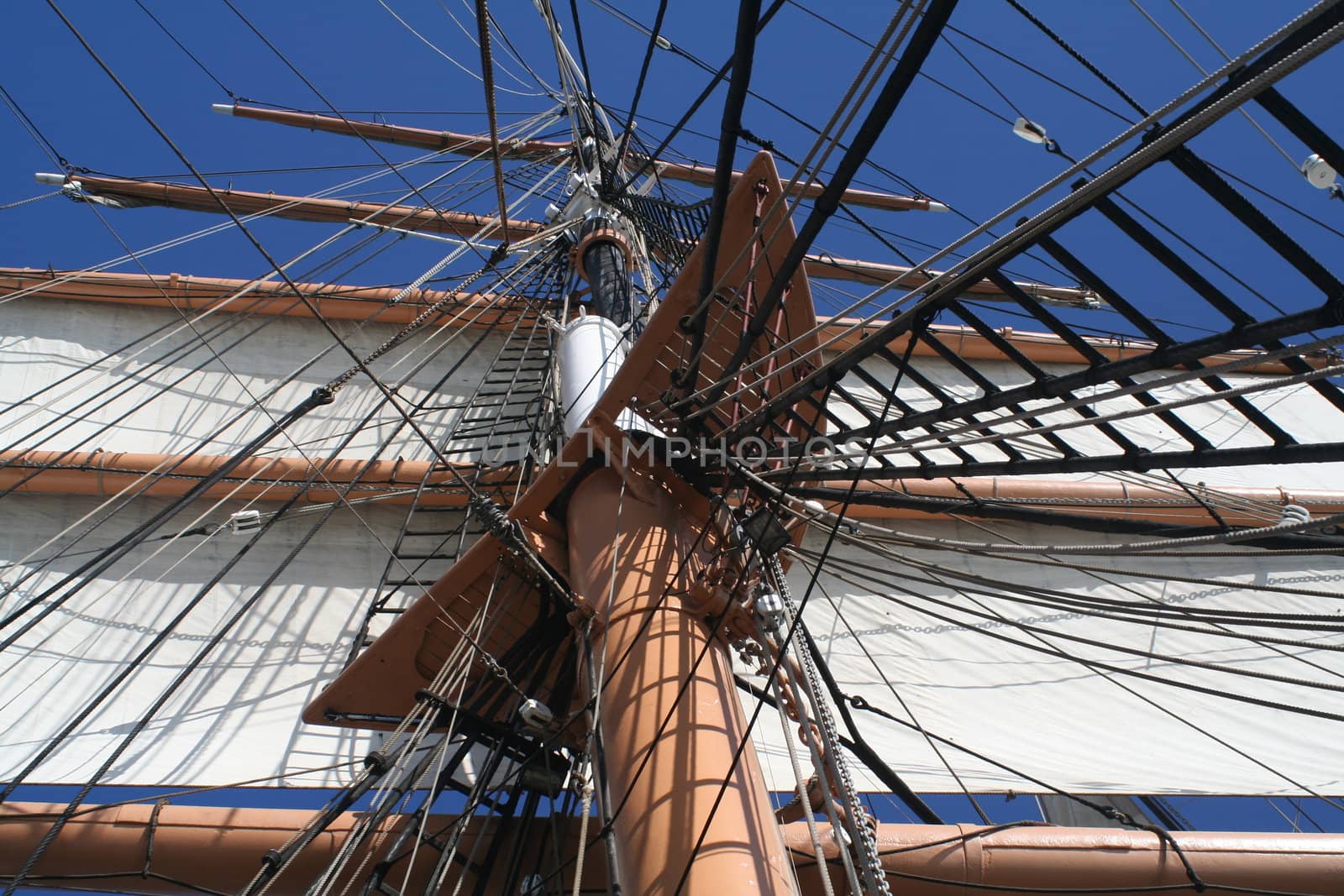 Look up at the canvas, mast, and rigging of a tall ship sails.