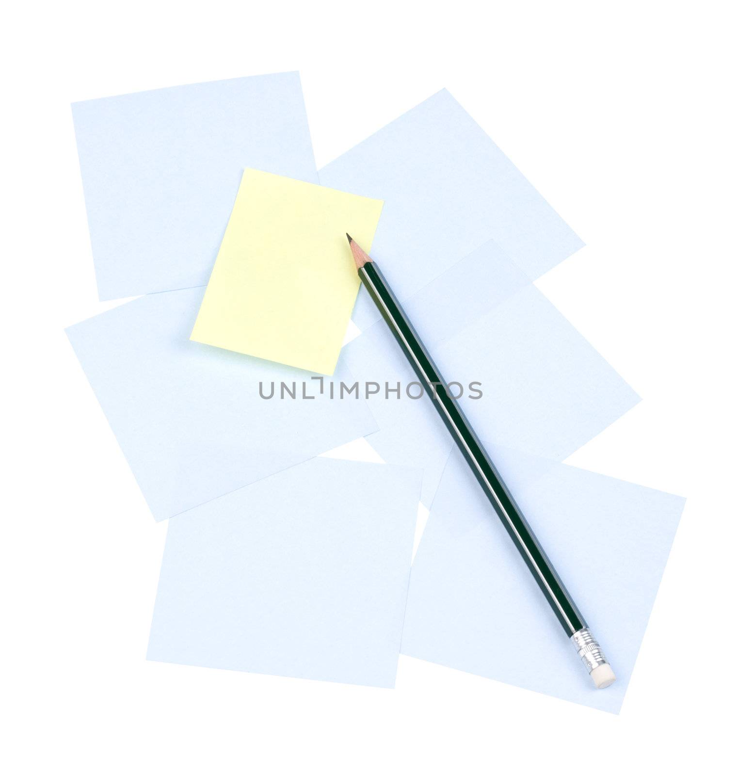 Green pencil on yellow and blue memories sticker. Pattern. Clipping path