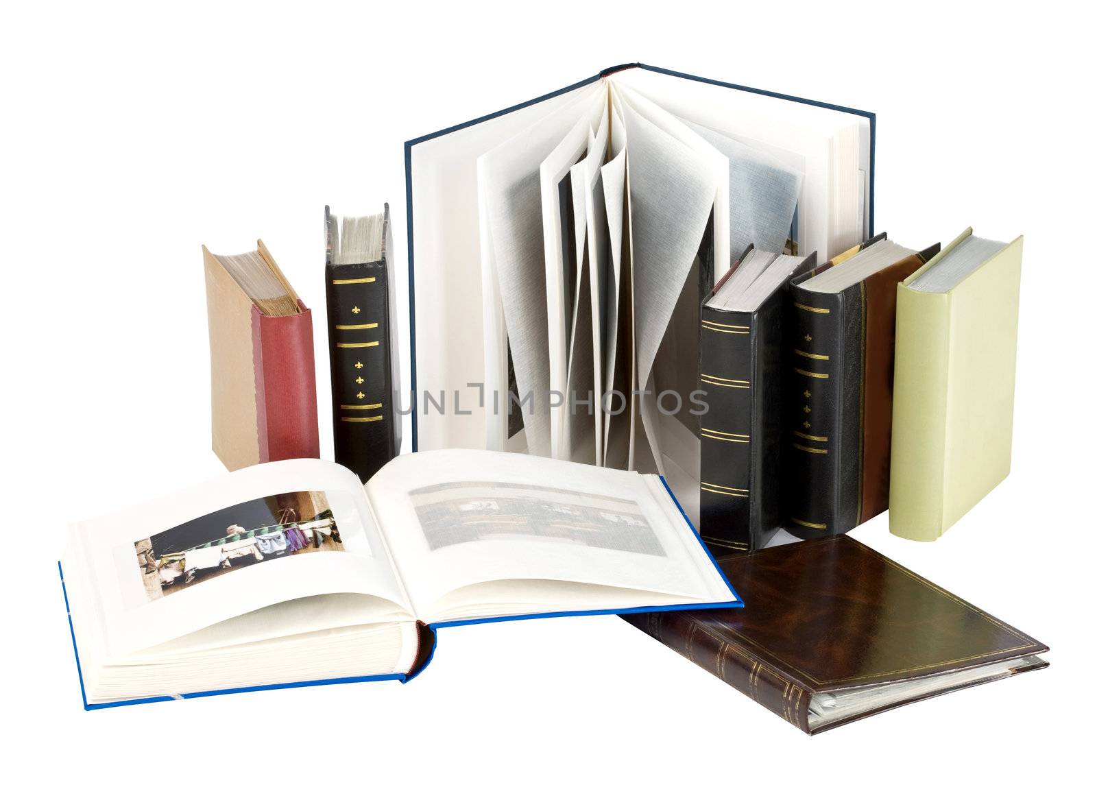 Stack of photo albums isolated on white. With clipping path