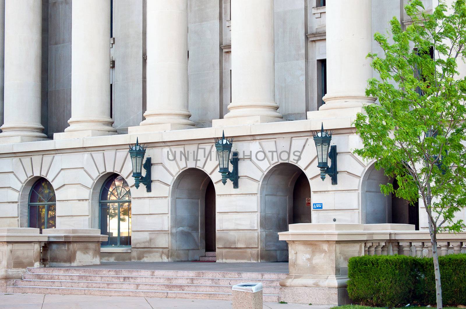 Columns and entrance to the weld county court house in Greeley, Colorado USA.