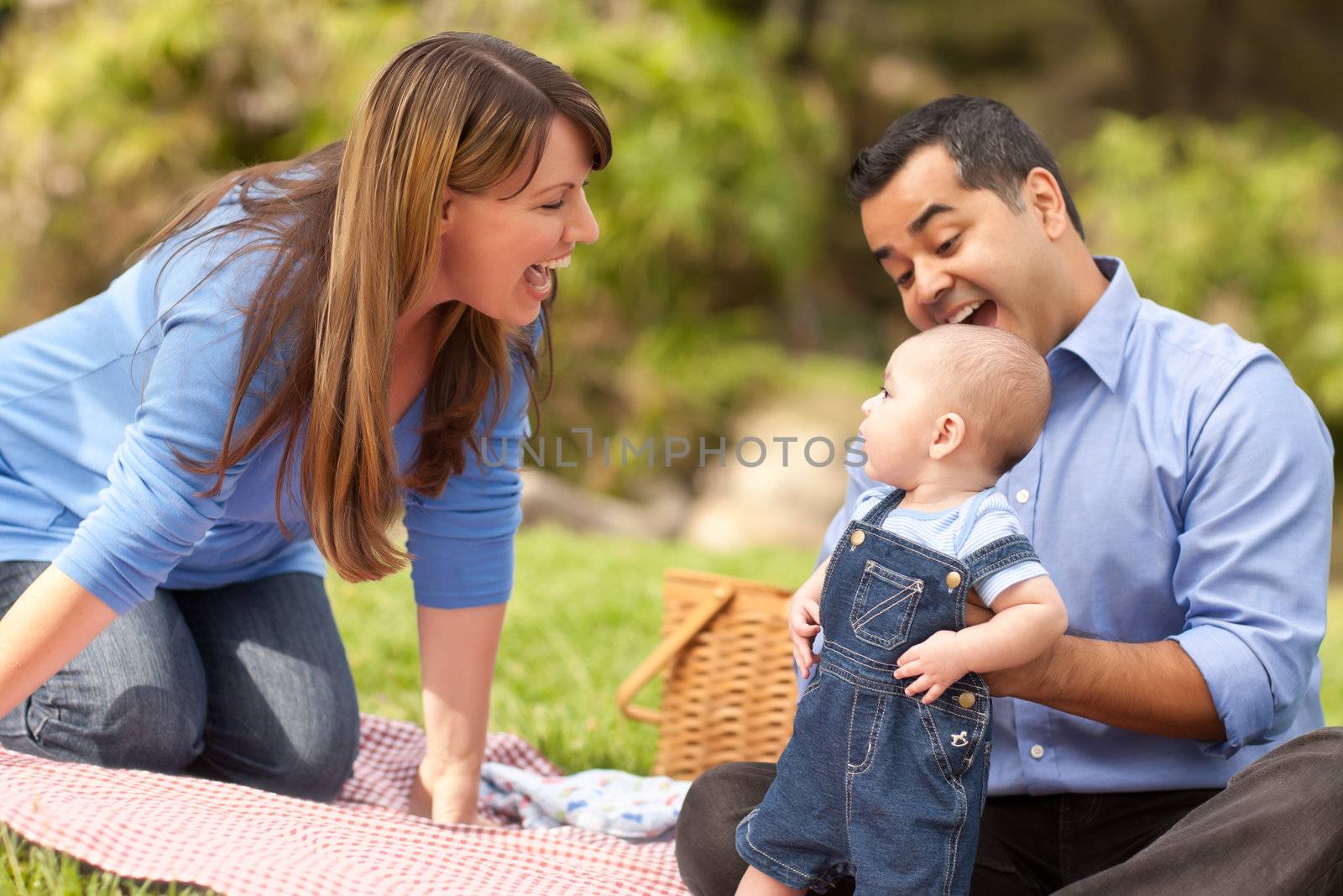 Happy Mixed Race Family Having a Picnic and Playing In The Park.