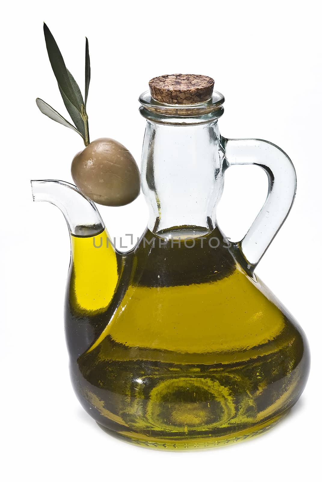 Olive oil bottles and olives isolated on a white background.