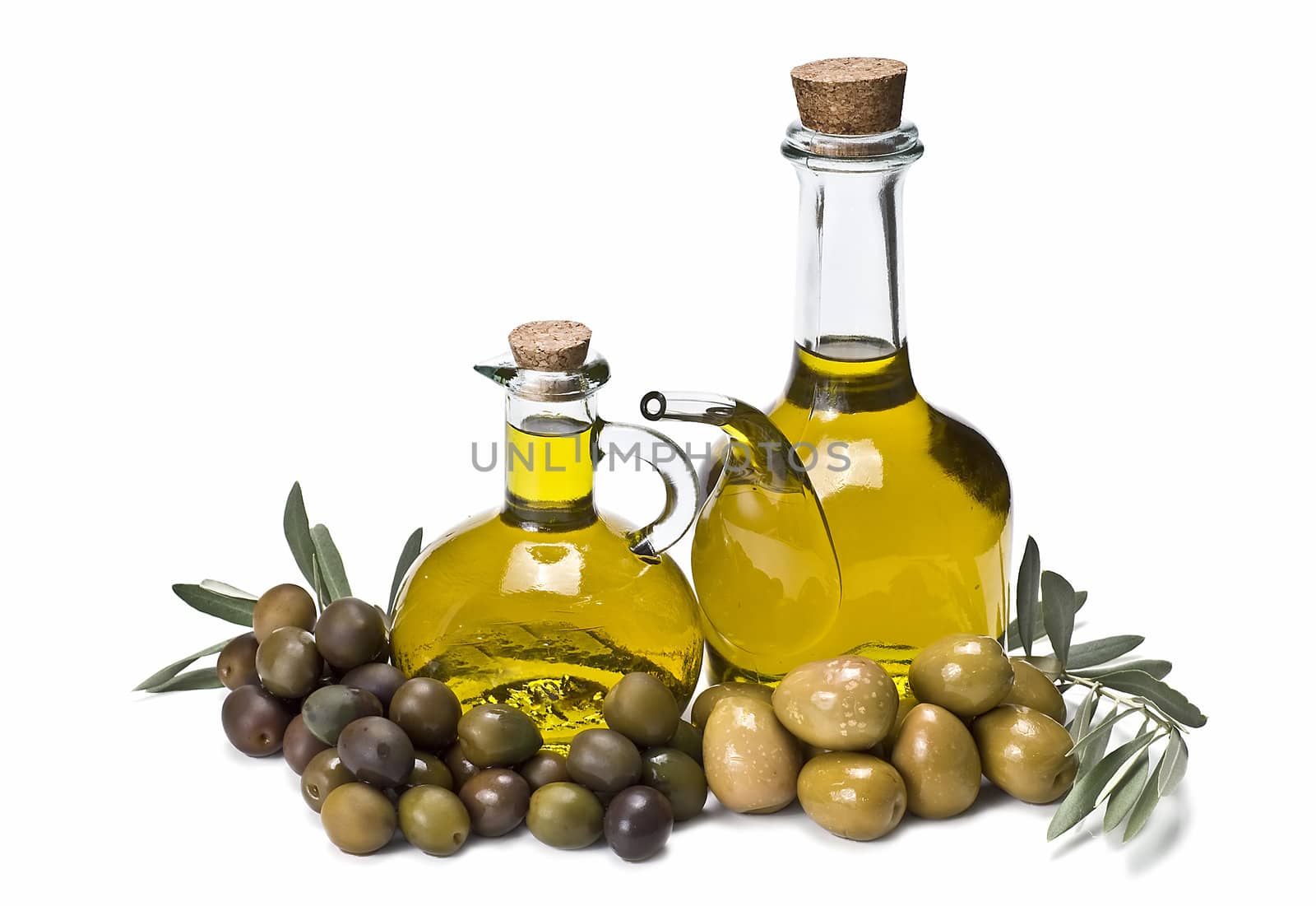 Olive oil bottles and olives isolated on a white background.