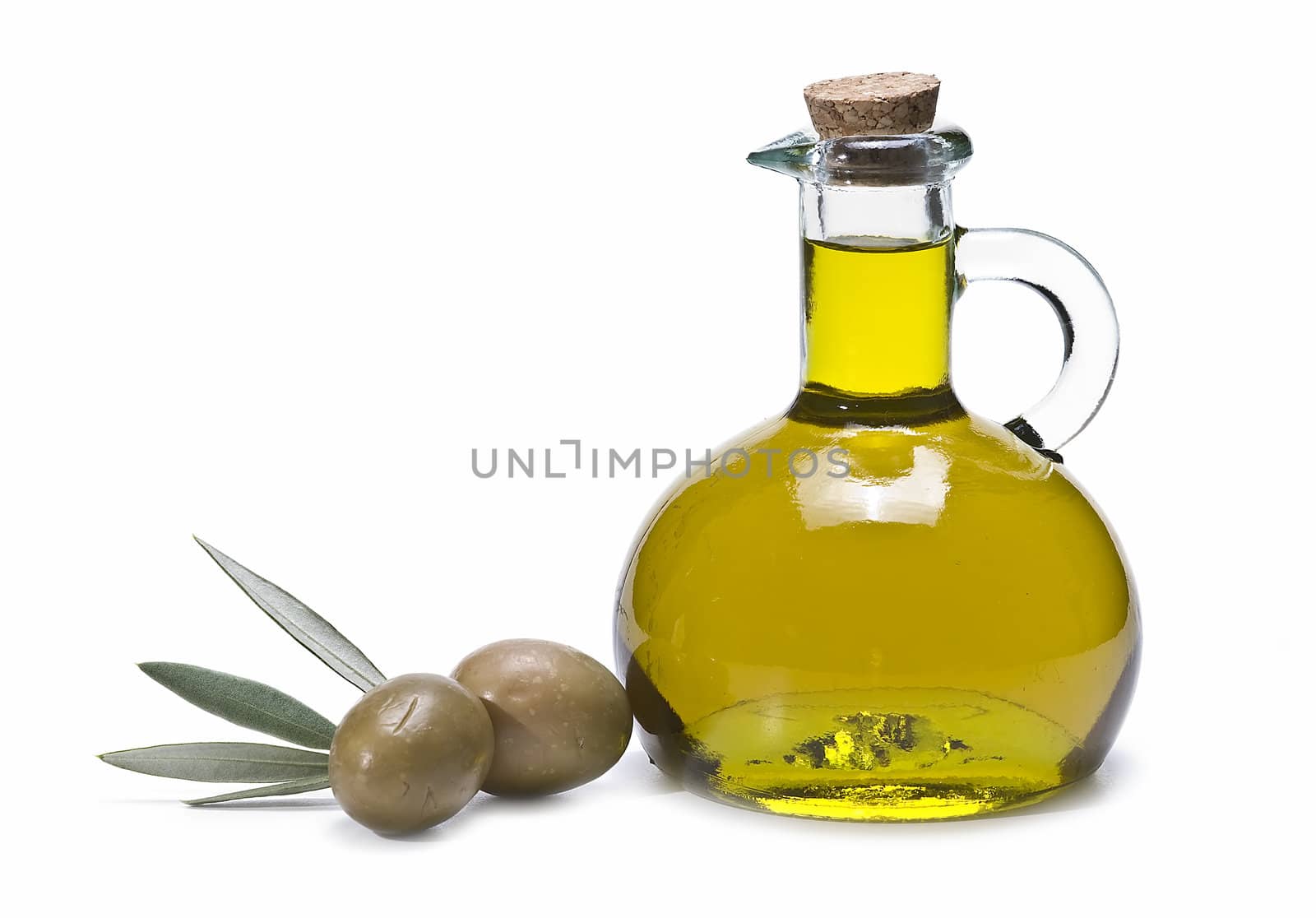 Olive oil bottles and olives isolated on a white background.