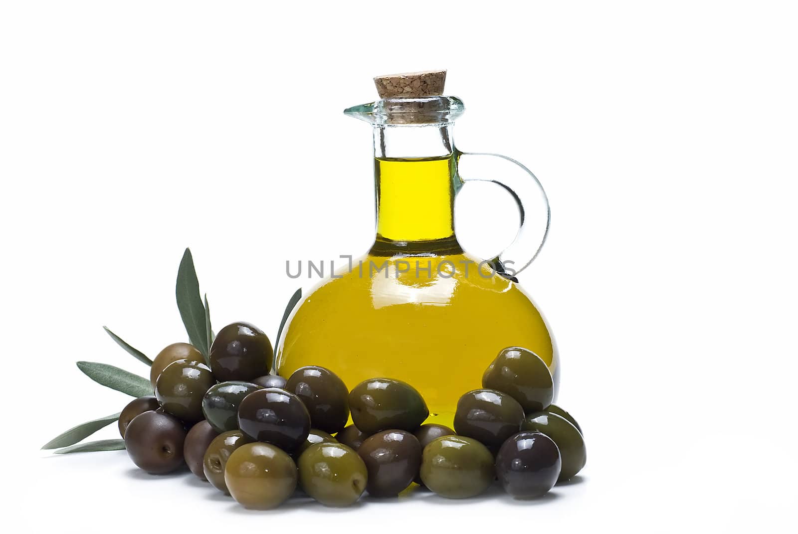 Olive oil bottles and olives isolated on a white background.