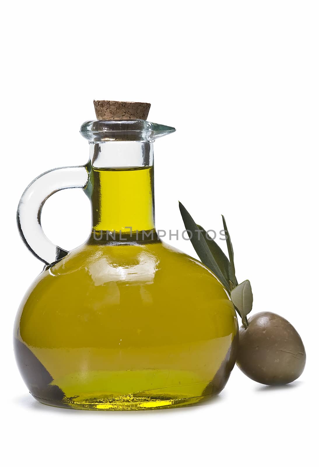 Olive oil bottles and olives isolated on a white background.