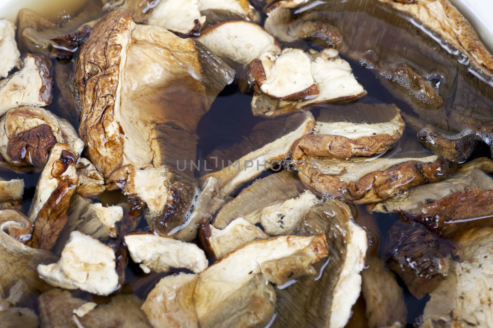 Dried mushrooms soaking in warm water.