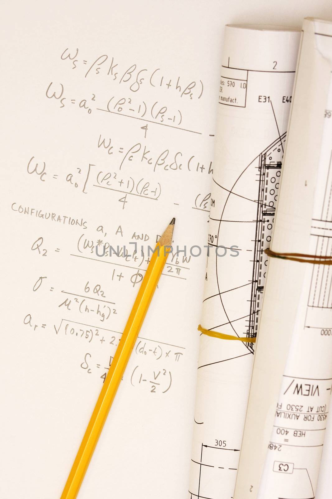 Equation with blueprint - concept for engineering plans.