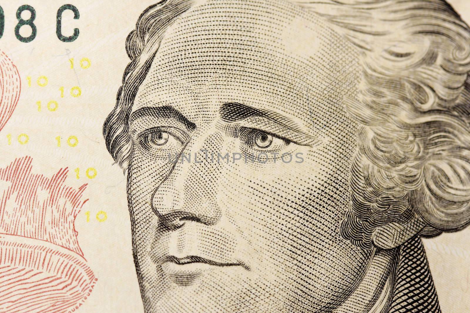 Macro photo of Ten dollar bill  with Hamilton.