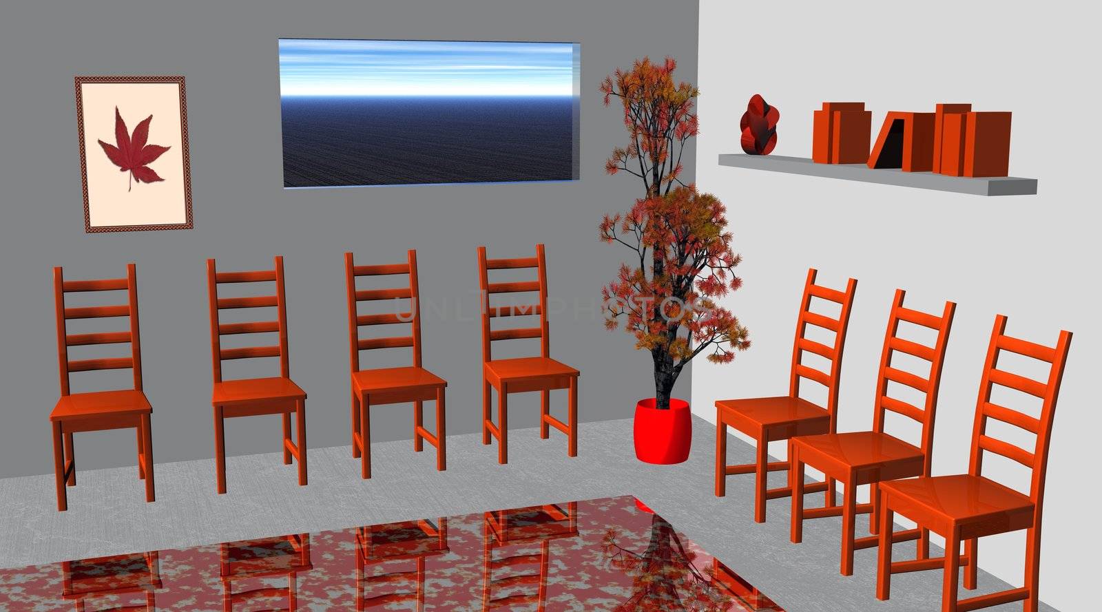 Red waiting room with a tree, chairs, books, window, picture and reflecting carpet