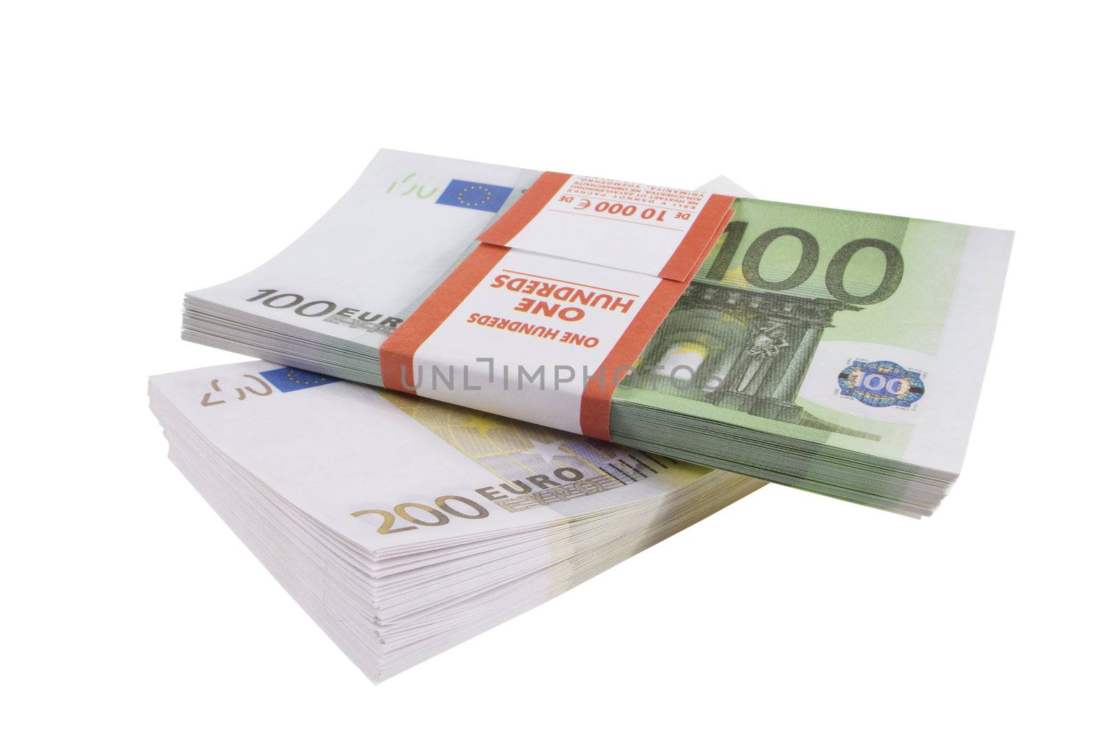 Packs of banknotes of euro isolated on a white background