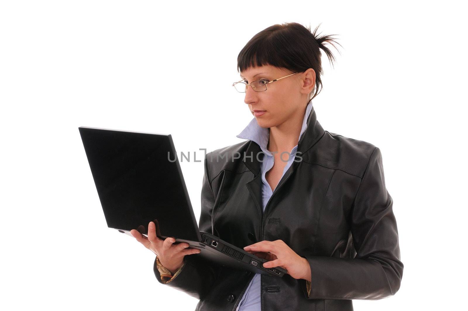 businesswoman with laptop isolated on white background
