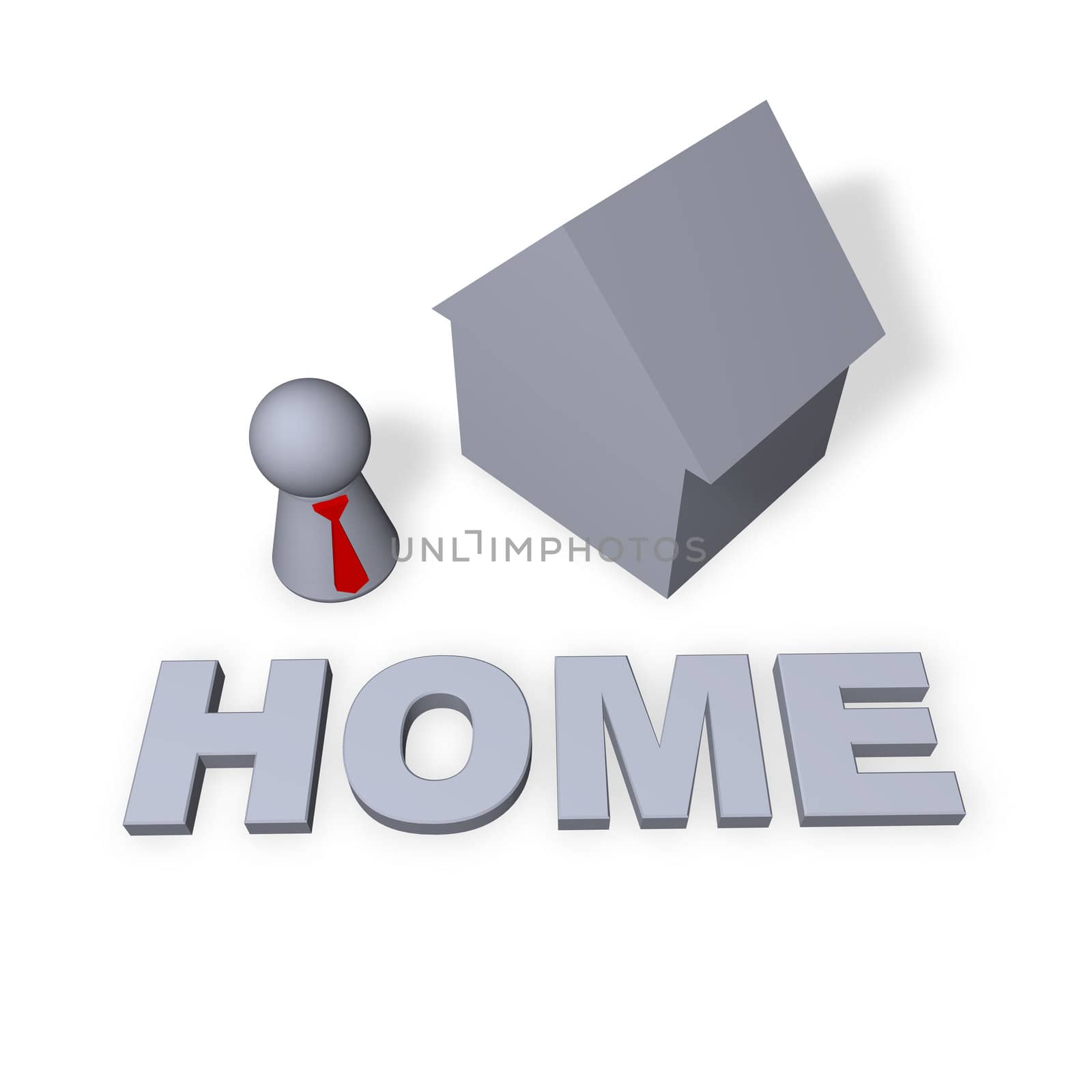 home text in 3d, a house and play figure with red tie