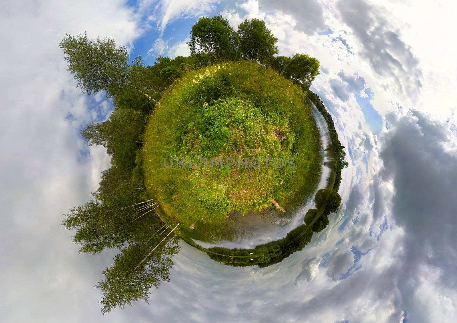 Environment protection concept and life metaphoric image. Sphere view of meadow, river, and forest