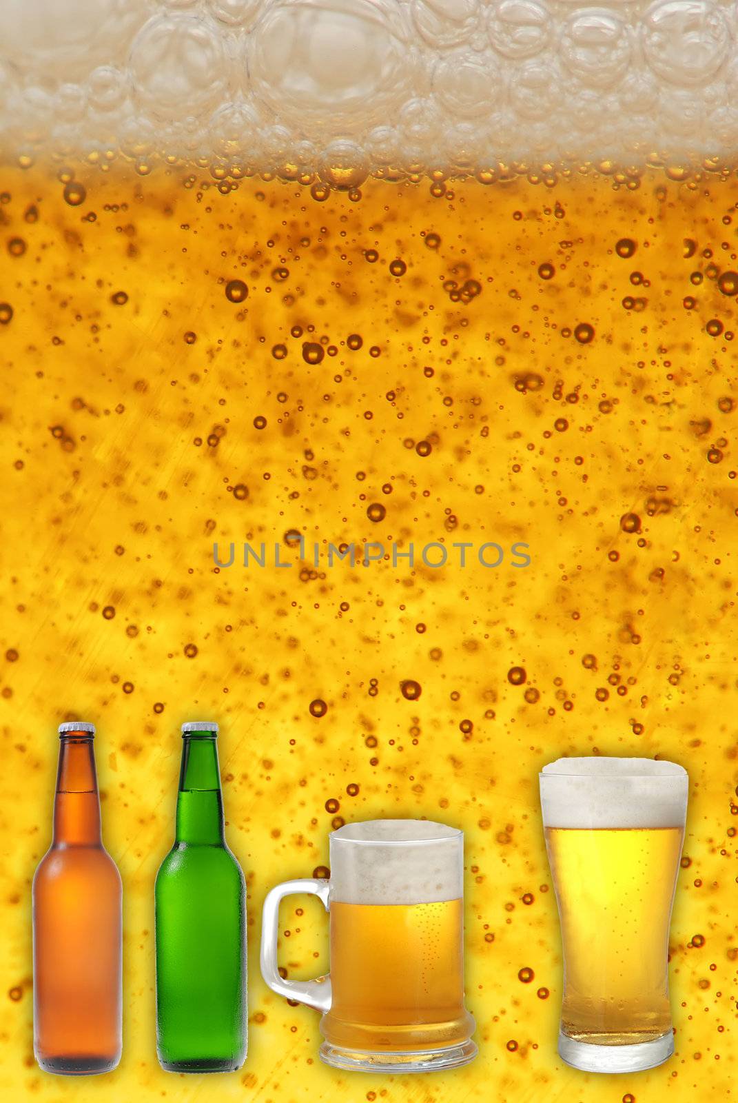 Pints and bottles of beer on beer close-up background