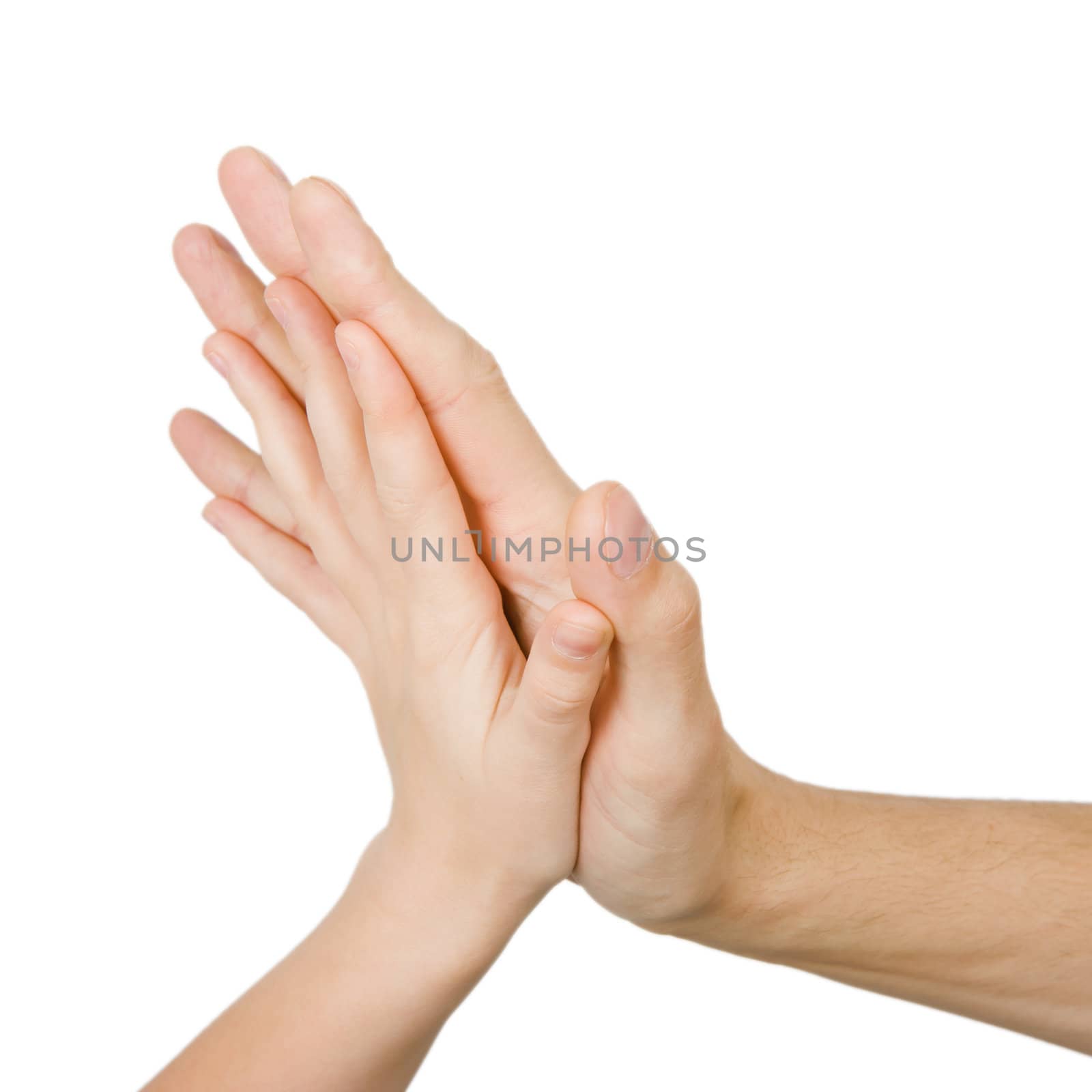 children's and men's hand touching on a white background
