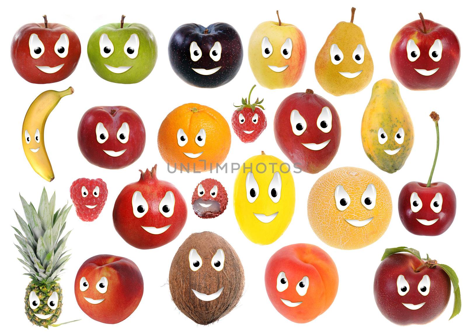 Assortment of happy fruit smileys isolated on white background