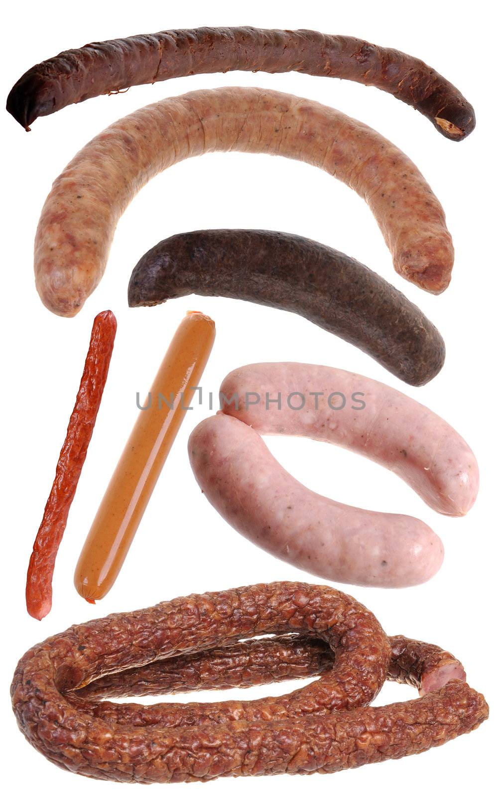 Assembling of different types of sausage isolated on white background