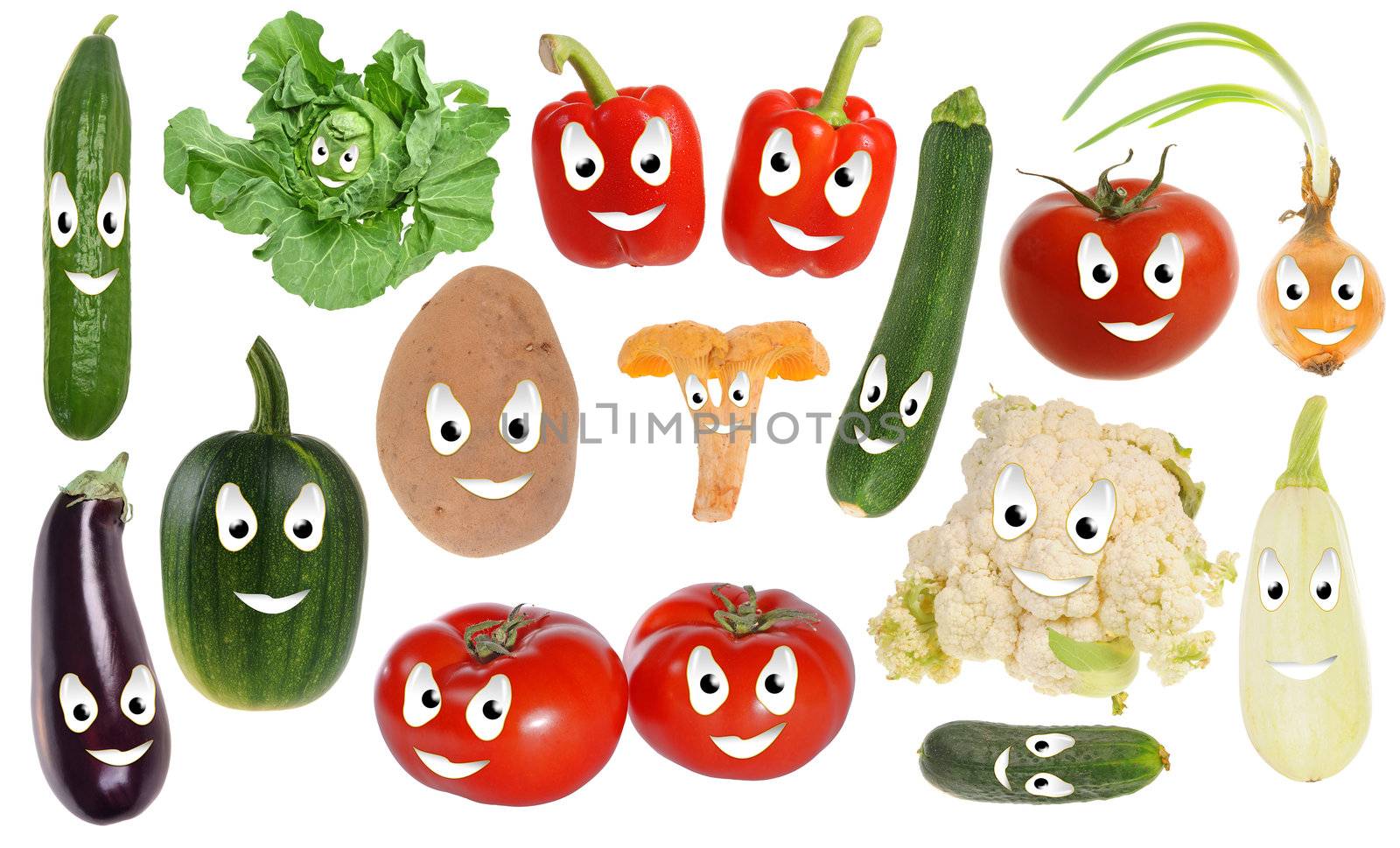 Assortment of happy vegetable smileys isolated on white background