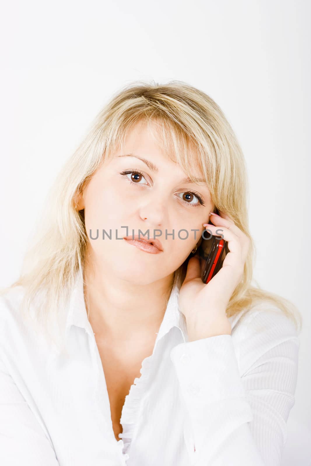 blonde with mobile phones on a white background