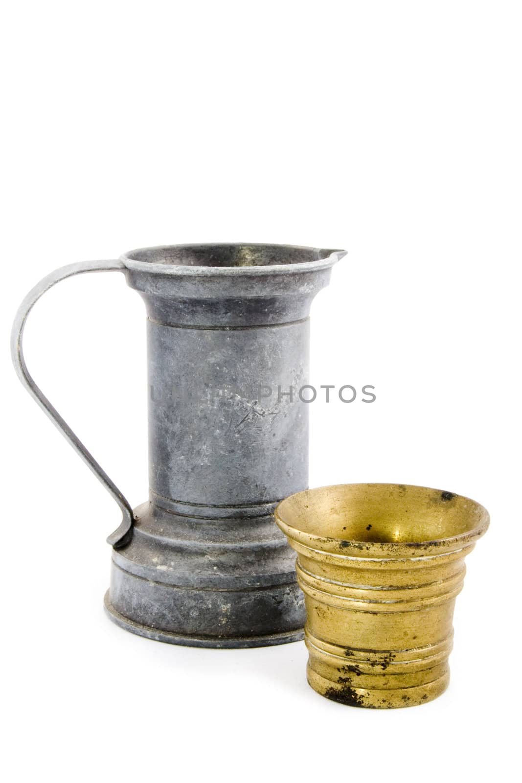 old tin watercan and a bronze bucket isolated on white background