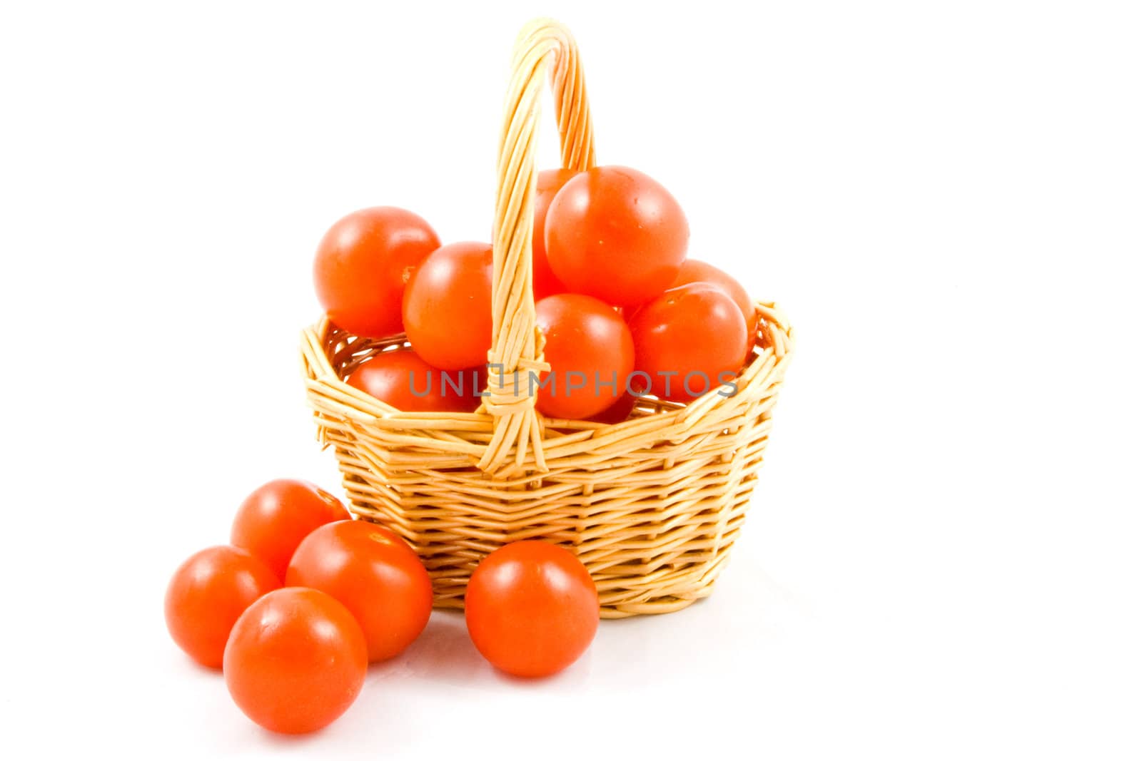 basket full of fresh healthy baby tomatoes isolated on white