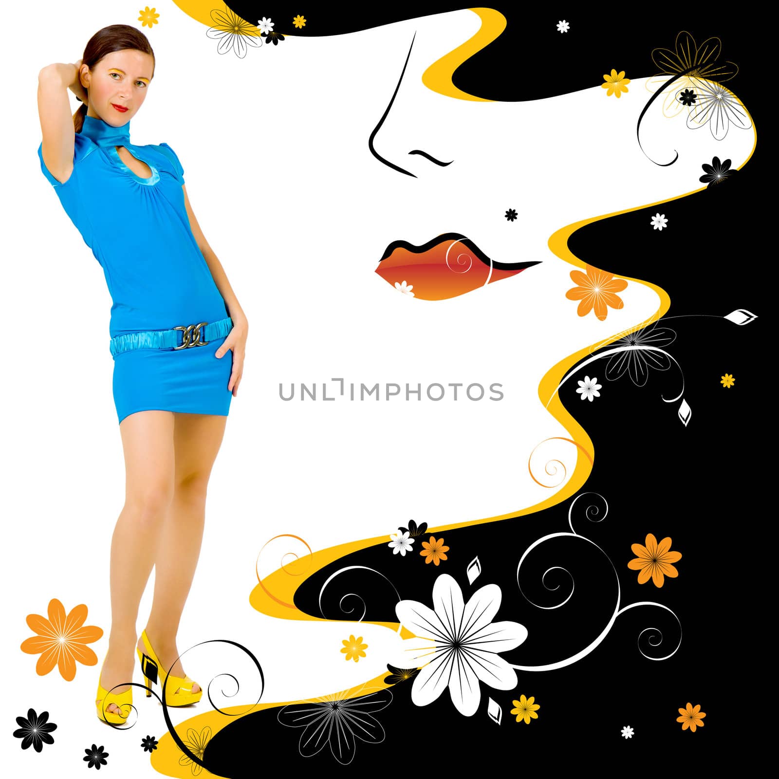Fashion girl with the illustrated floral background
