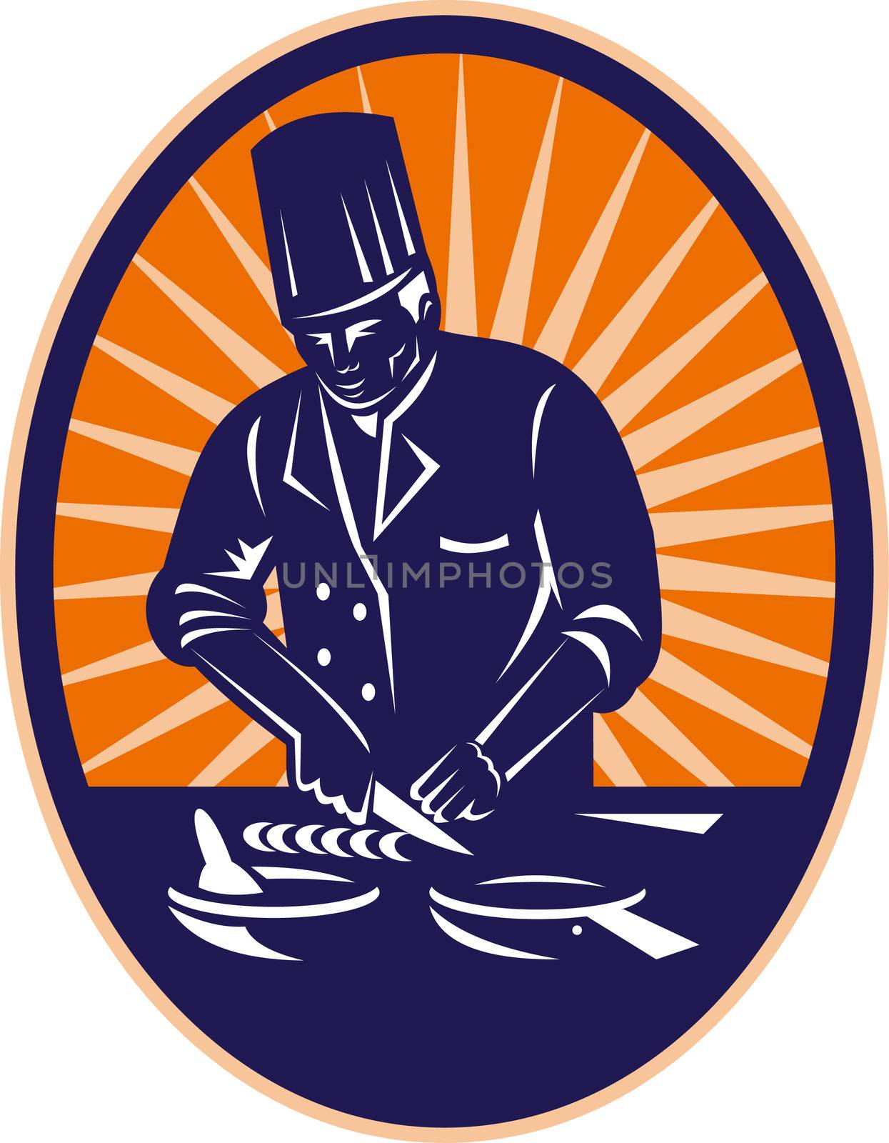 retro style illustration of a chef cook preparing food set inside an ellipse with sunburst in background