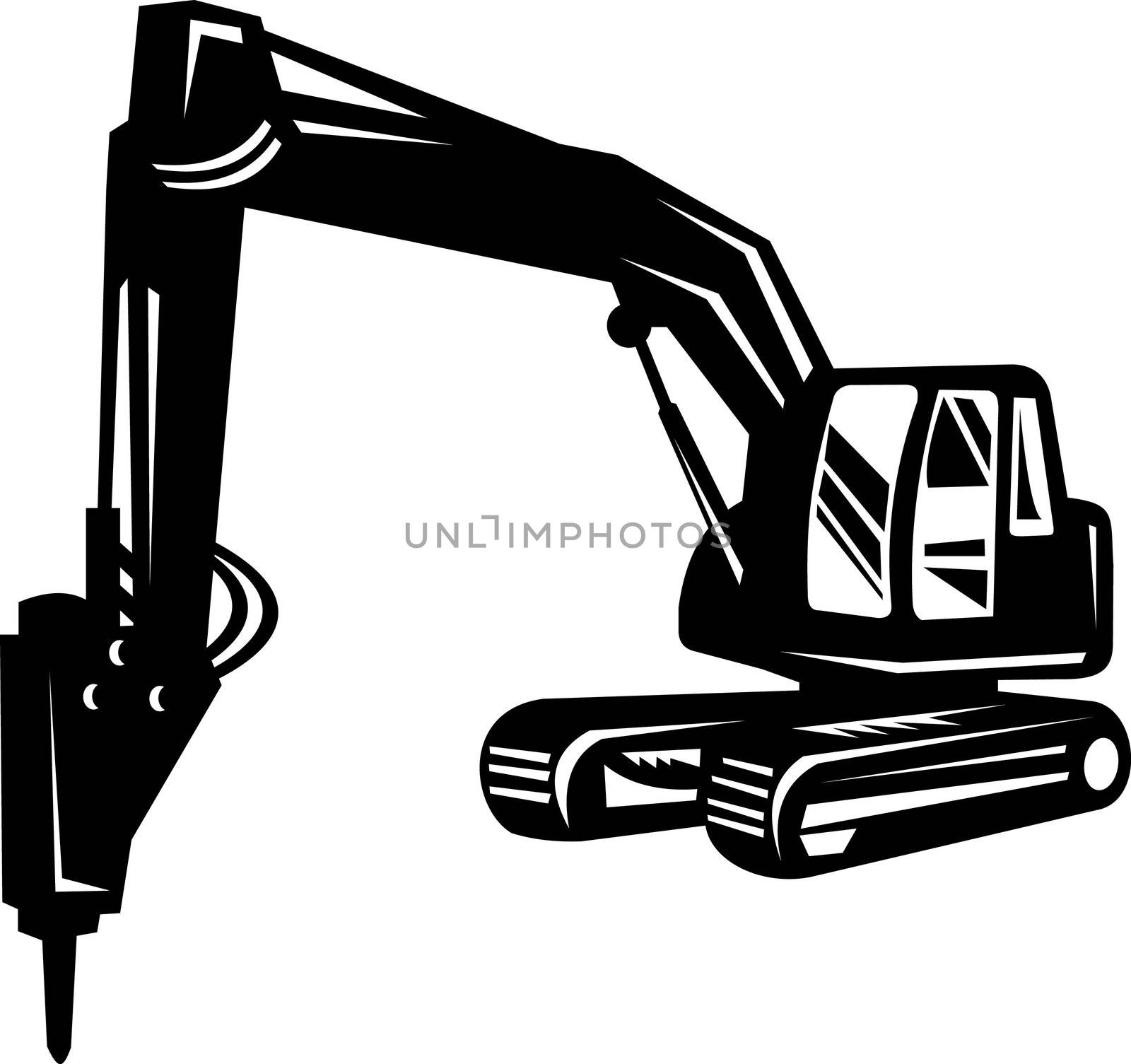 illustration of a mechanical construction digger excavator  done in retro style in black and white