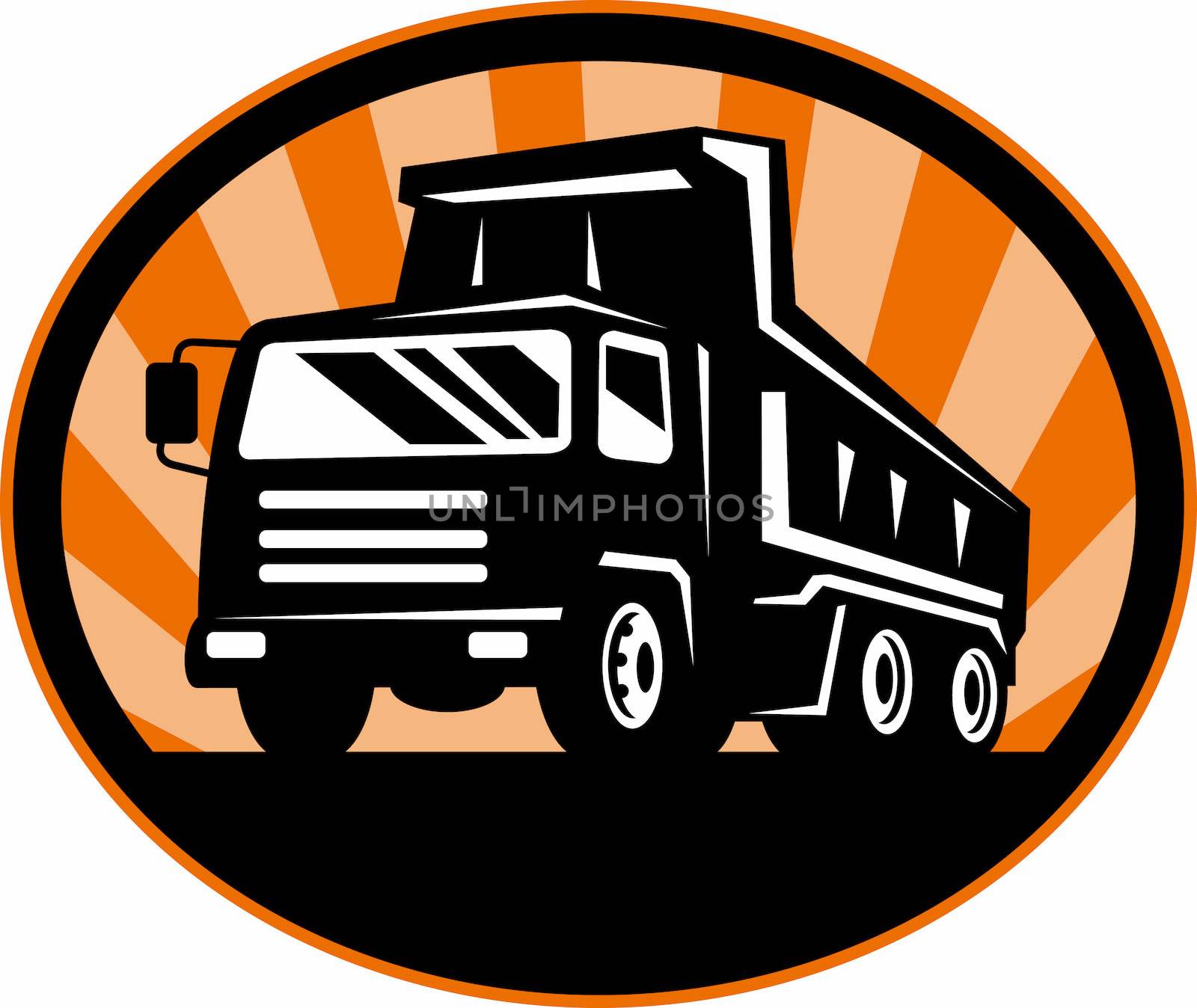 illustration of a dumper dump truck or lorry viewed from front at low angle set inside an ellipse