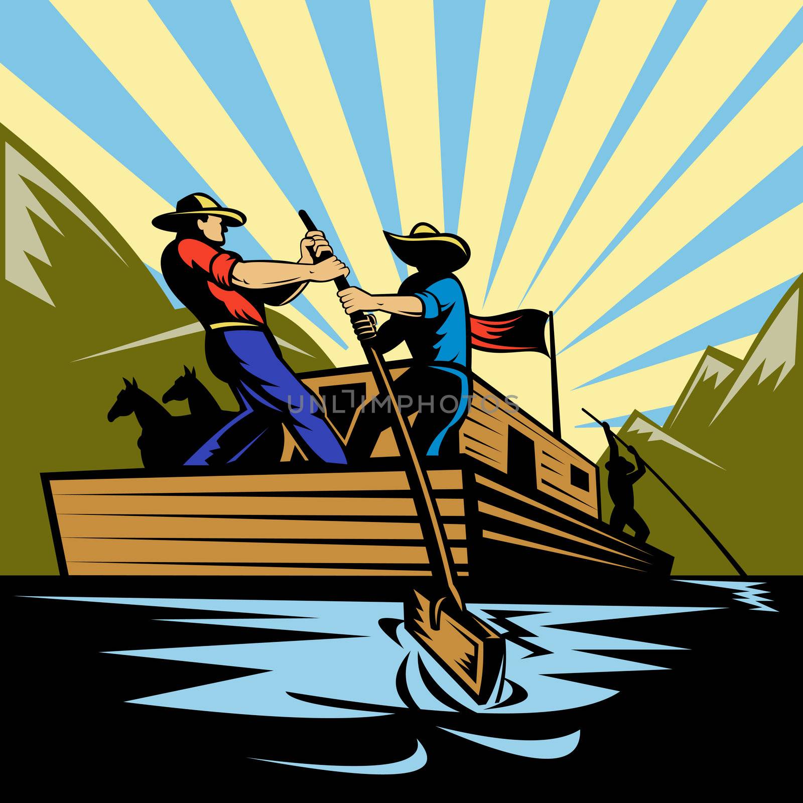 Illustration of a Cowboy man steering flatboat along river