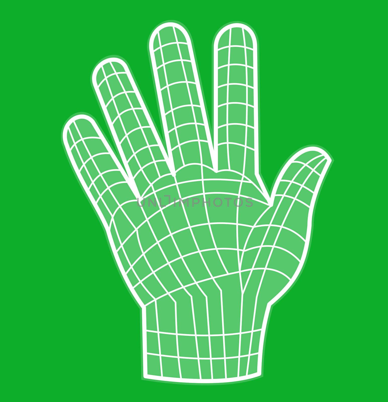 illustration of a five fingers palm of open hand done in line drawing grid white on green background