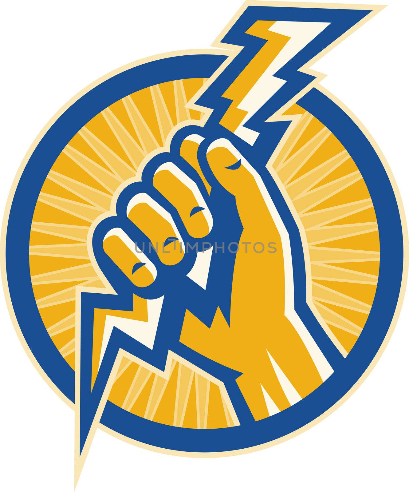 illustration or Imagery that shows a Hand hold a lightning bolt of electricity set inside a circle.
