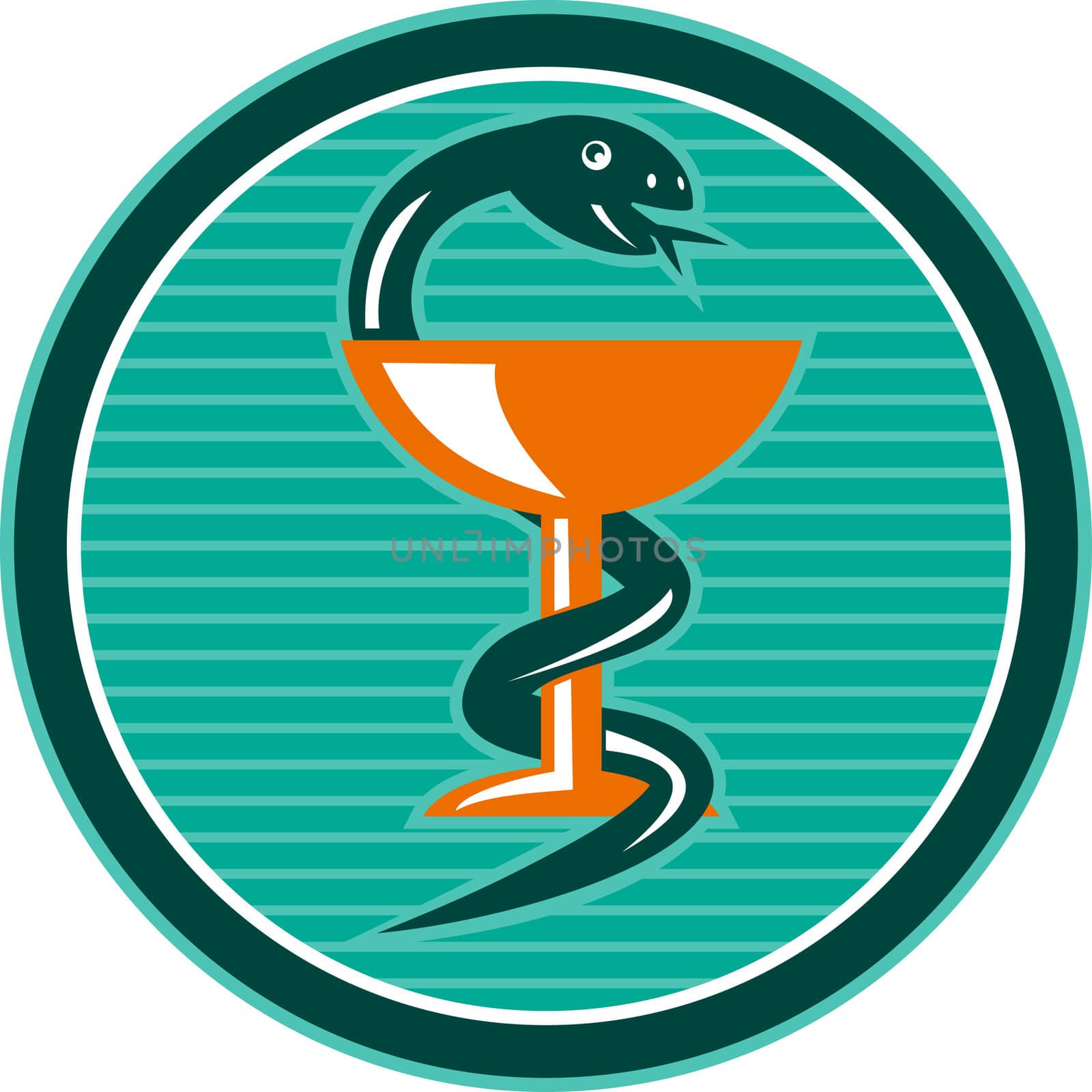 illustration of a snake curling or coiling in cup or wine glass which represents medicine symbol done in retro style