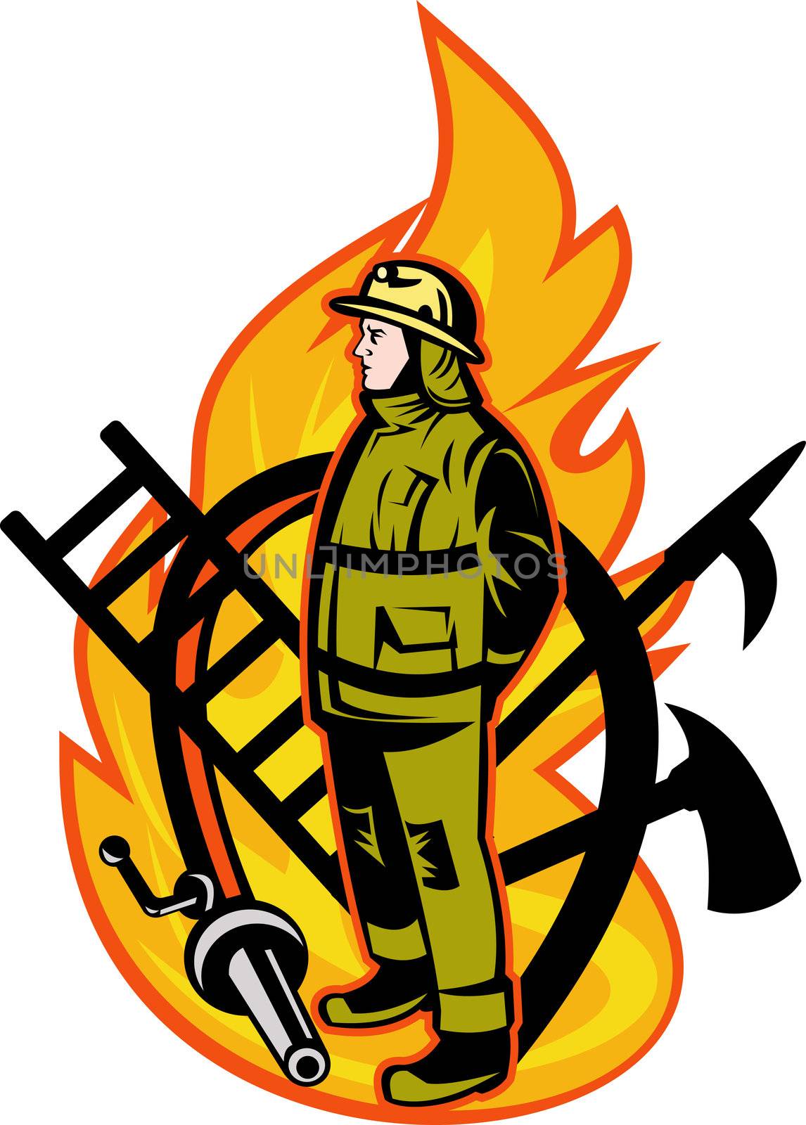 illustration of a Firefighter with axe ladder, spear, hook and fire hose.