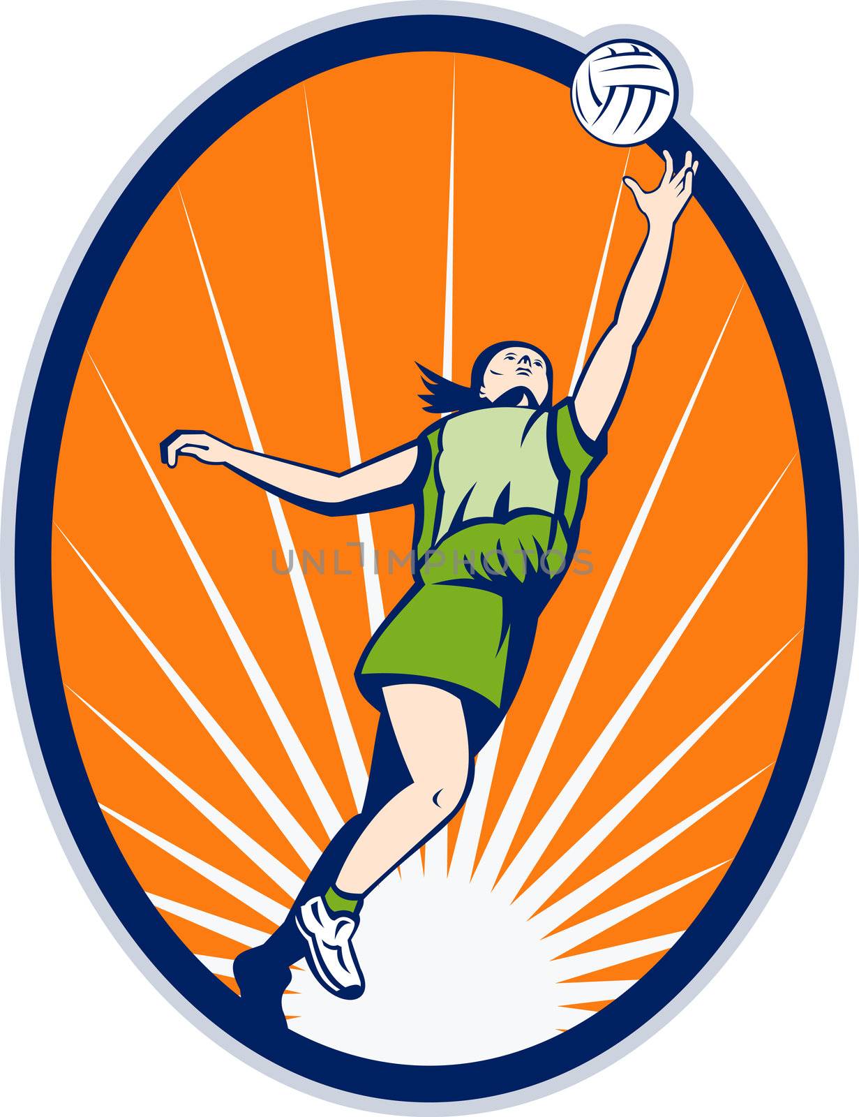 illustration of a netball player reboundng jumping for ball set inside an oval with sunburst in background