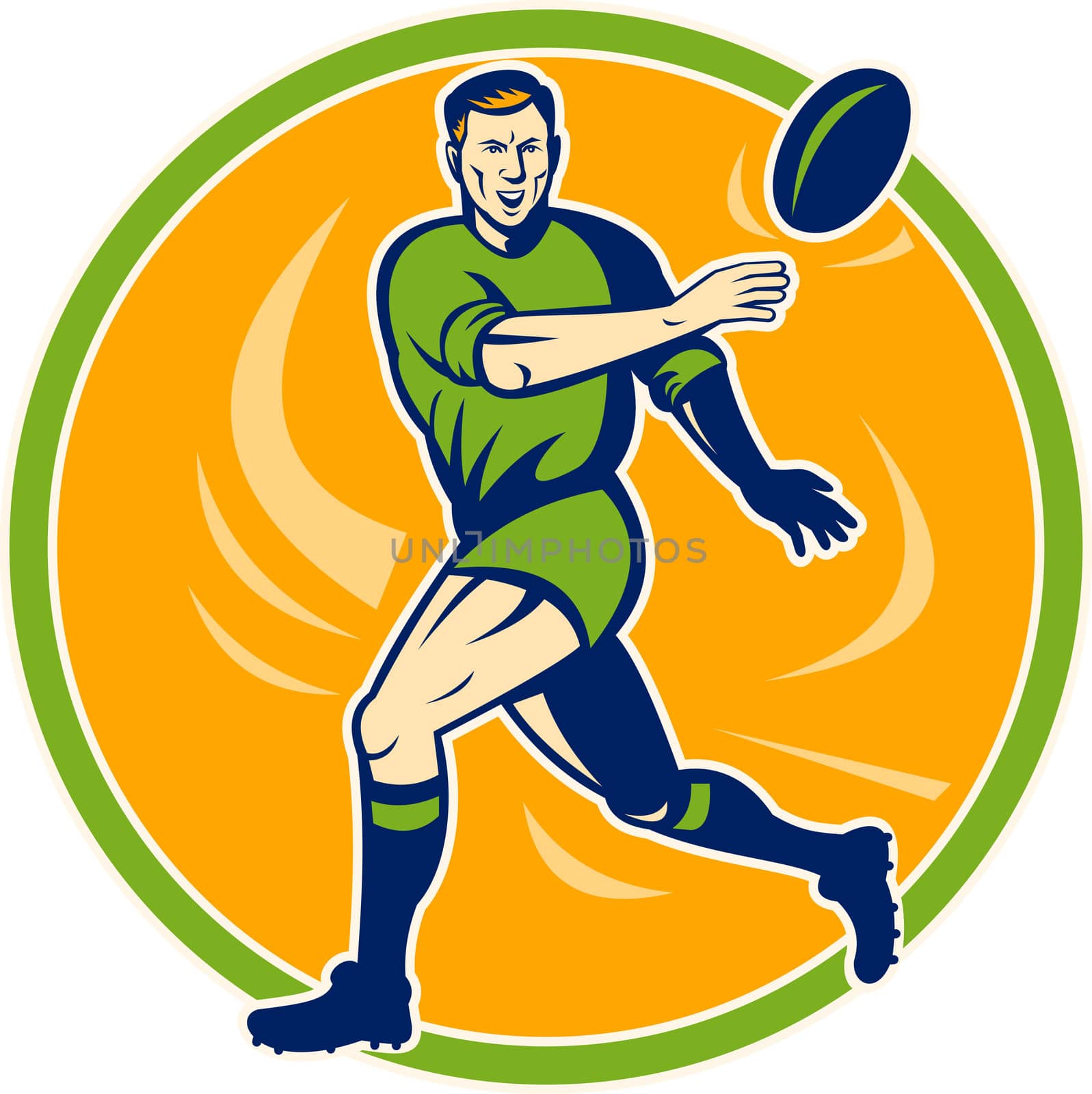 Rugby player running and passing ball by patrimonio