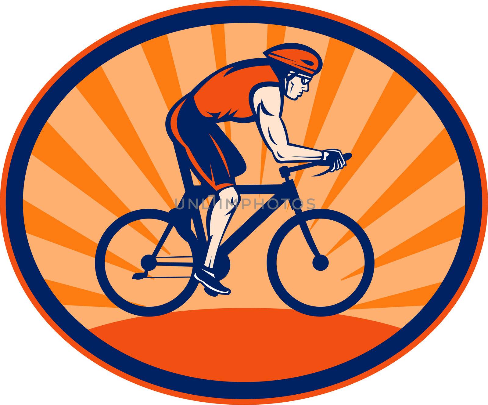illustration of a Triathlon athlete riding cycling bike set inside an oval