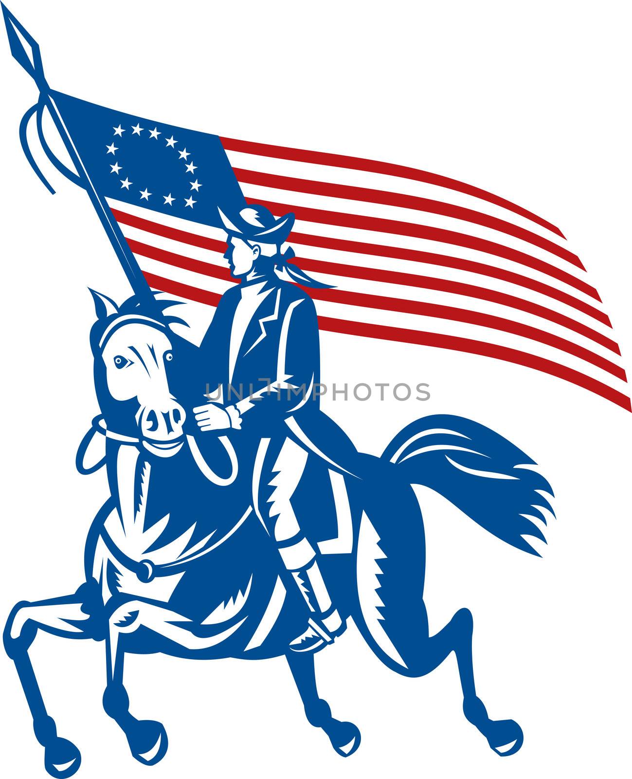 illustration of an American revolutionary general a riding horse with Betsy Ross Flag