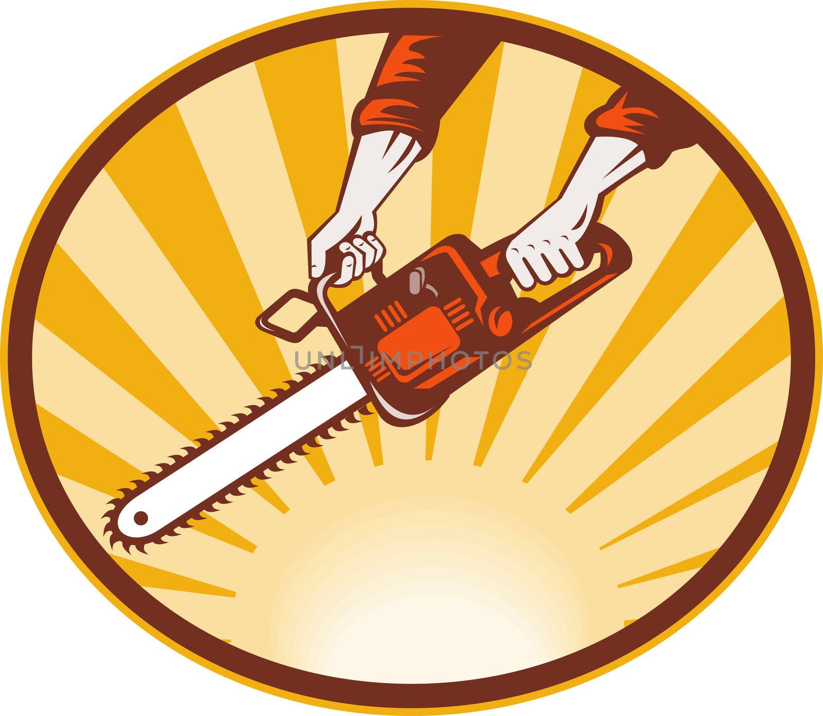 illustration of a hand holding chainsaw with sunburst in background