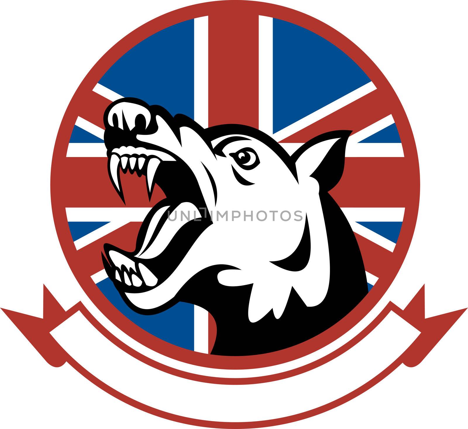 illustration of a Angry Trained guard dog with british flag in the background