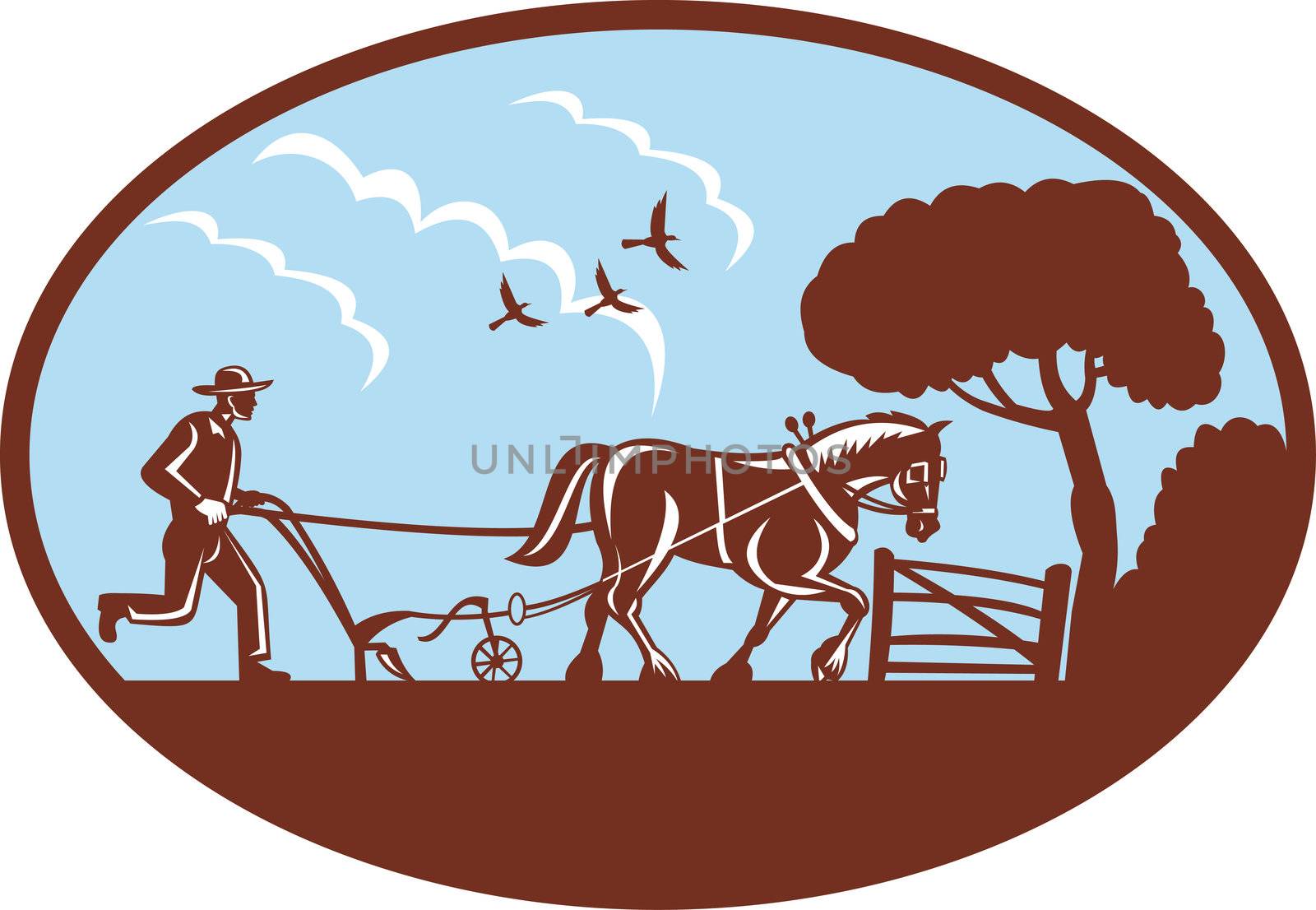 retro style illustration of a farmer and horse plowing