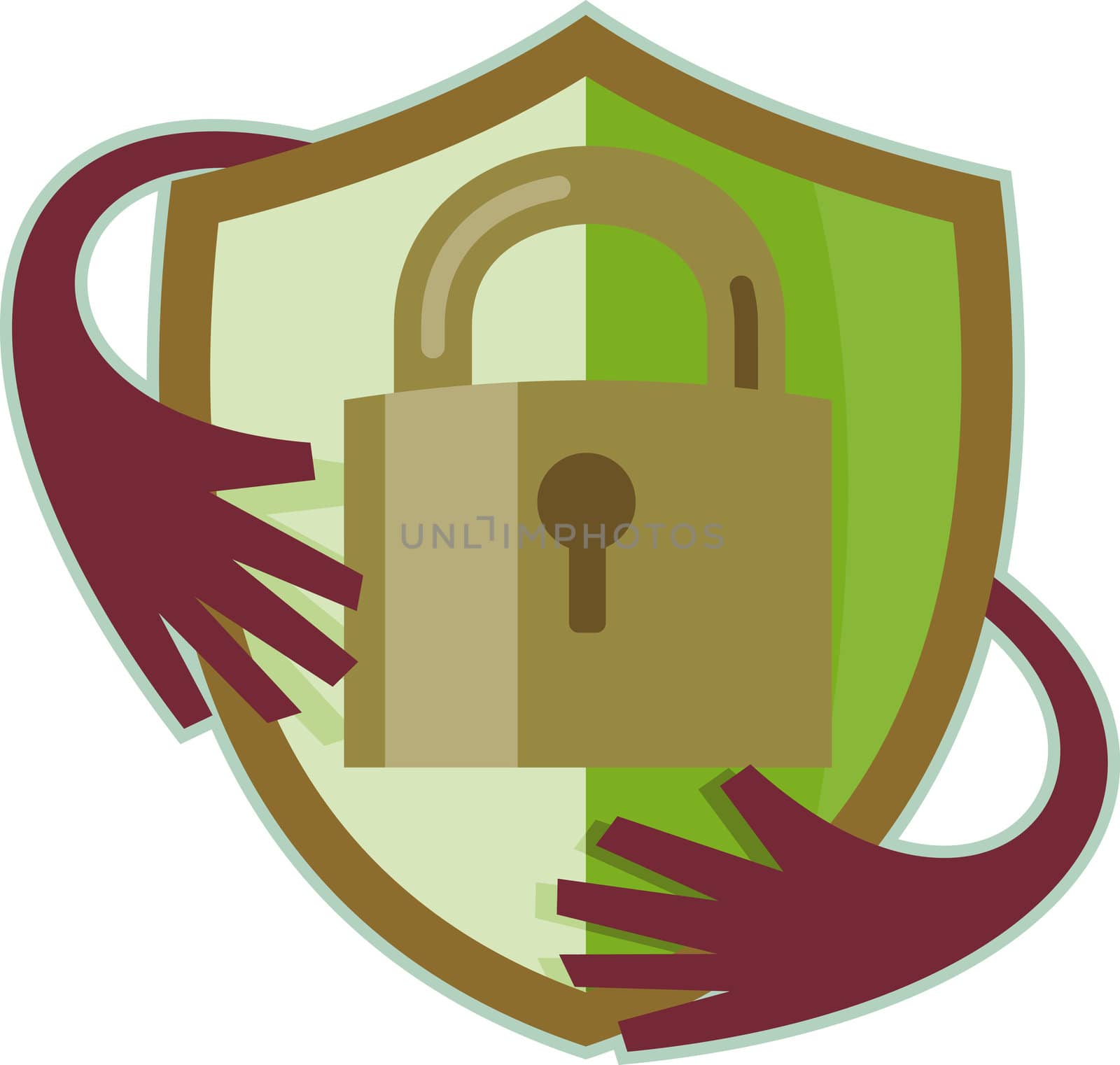 illustration of a Padlock with shield and hands reaching in isolated on white background